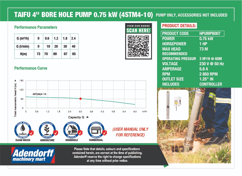 Taifu 4" Bore Hole Pump 0.75KW (4STM4-10) - Image 3