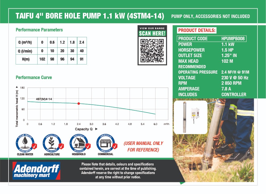 Taifu 4" Bore Hole Pump 1.1KW (4STM4-14) - Image 2