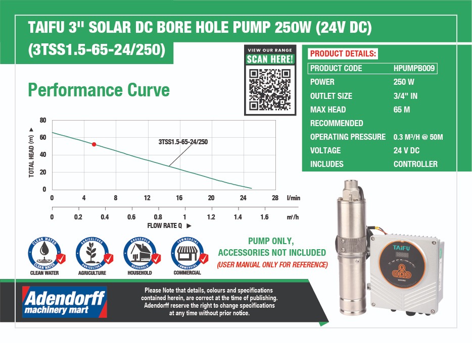 Taifu 3" Solar DC Bore Hole Pump 250W 24V DC (3TSS1.5-65-24/250) - Image 4