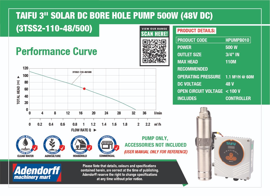 Taifu 3" Solar DC Bore Hole Pump 500W 48V DC (3TSS2-110-48/500) - Image 3