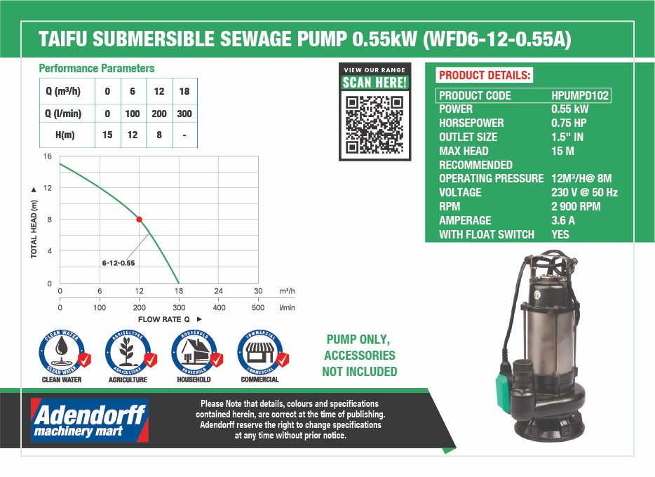 Taifu Submersible Sewage Pump 0.55KW (WFD6-12-0.55A) - Image 5