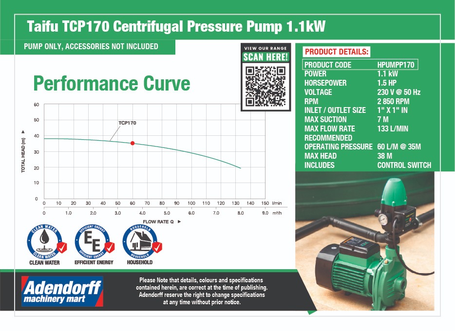 Taifu TCP170 Centrifugal Pressure Pump 1.1KW - Image 4