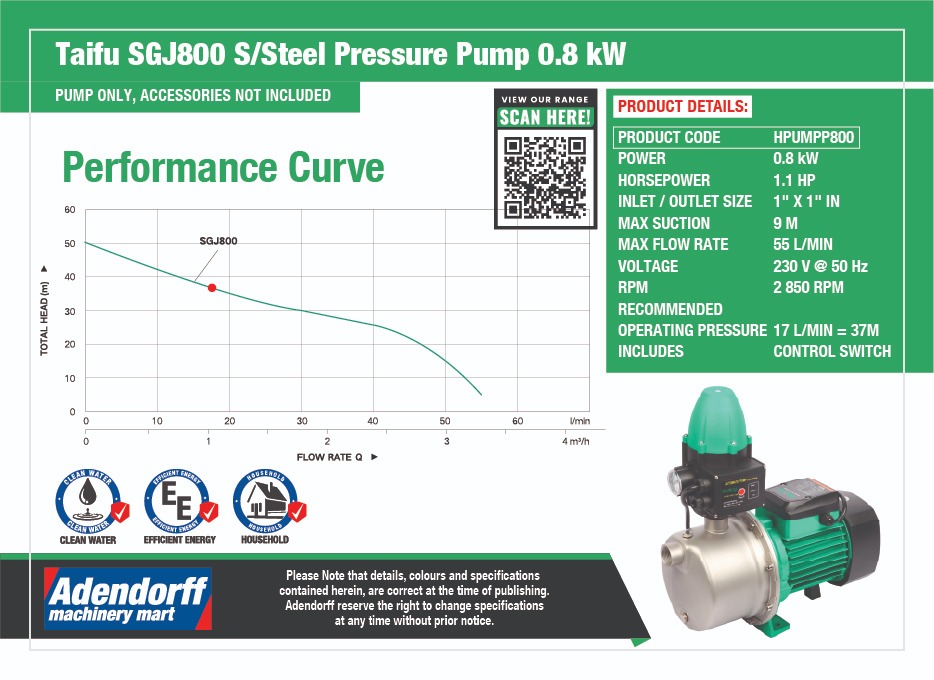 Taifu SGJ800 S/Steel Pressure Pump 0.8KW - Image 4