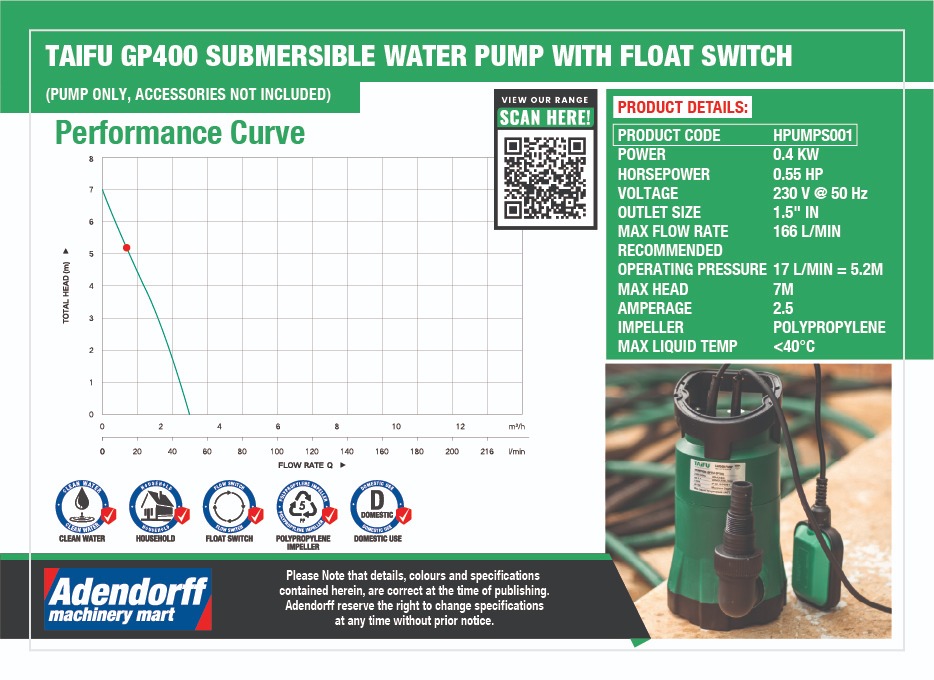 Taifu SP400 Submersible Pump (Clean Water) with Float 25 32mm - Image 3