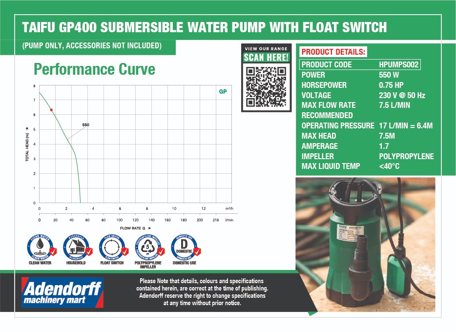 Taifu GP400 Submersible Water Pump With Float Switch - Image 3