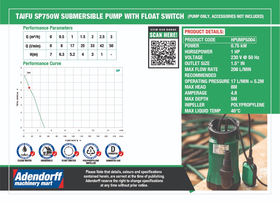Taifu SP750W Submersible Pump With Float Switch - Image 3