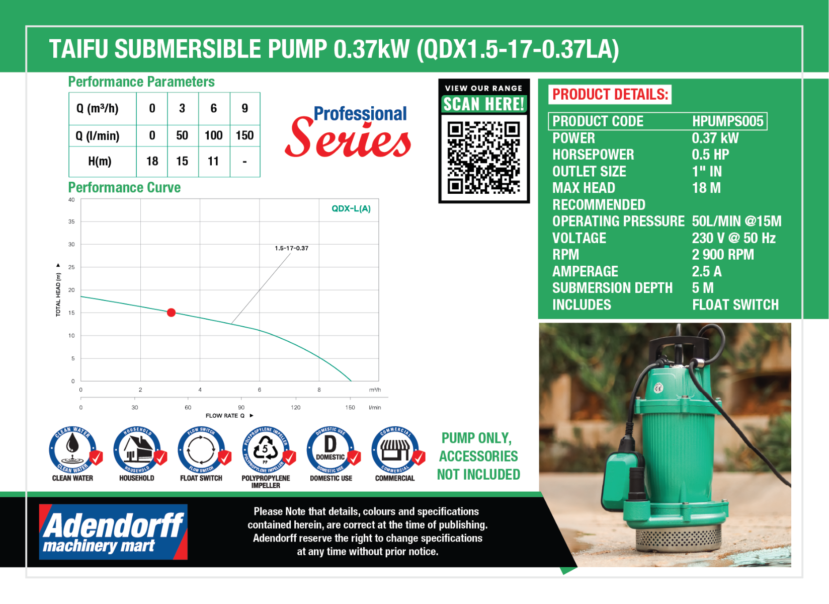 Taifu Submersible Pump 0.37KW (QDX1.5-17-0.37LA) - Image 3
