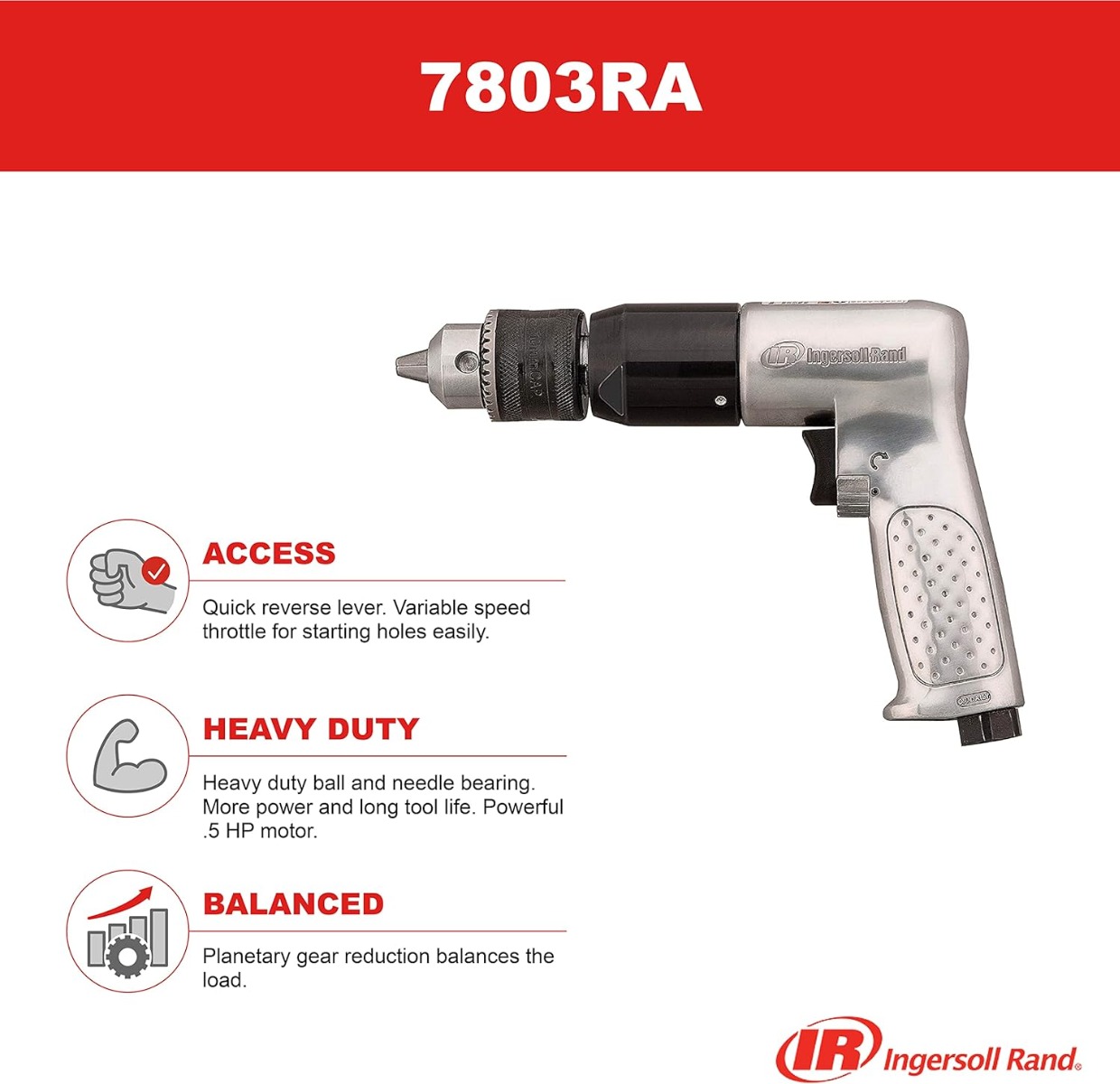INGERSOLL RAND 7803RA 13MM Reversable Air Drill - Image 3
