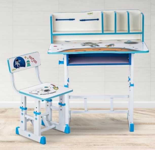 Premium Wooden Multi Functional Kids Study Table for Students, Hight Adjustable Desk and Chair Set with Bookholder, and Book Storage Compartments, Study Table – WHITE, Chair Included - Image 2
