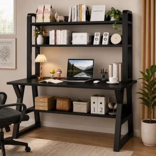 Generic Modern Computer Study Bookcase Desk With Shevles 140cm x 60cm Engineered Wood Computer Desk – Black