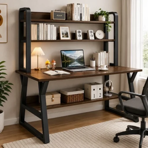 Generic Modern Computer Study Bookcase Desk With Shevles 140cm x 60cm Engineered Wood Computer Desk – Light