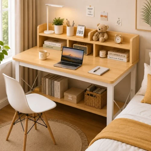 Generic Modern with Storage Hutch Engineered Wood Computer Desk – Light Cream