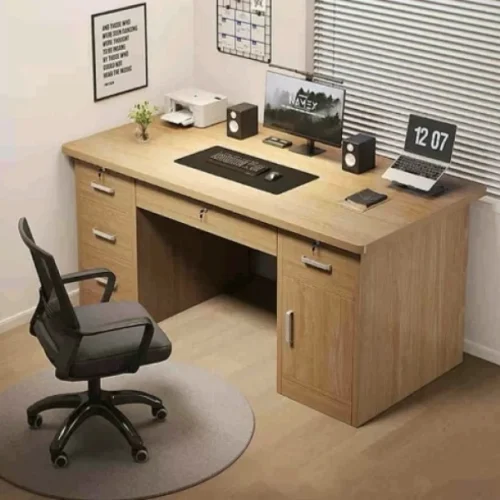 Generic 120cm Lockable Drawers & Cable Management Engineered Wood Computer Desk – Light Brown