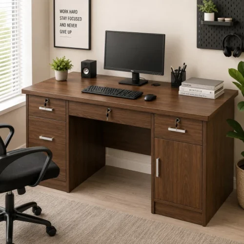 Generic 120cm Lockable Drawers, Storage Cabinet & Cable Management Hole Engineered Wood Computer Desk – Dark Walnut Colour