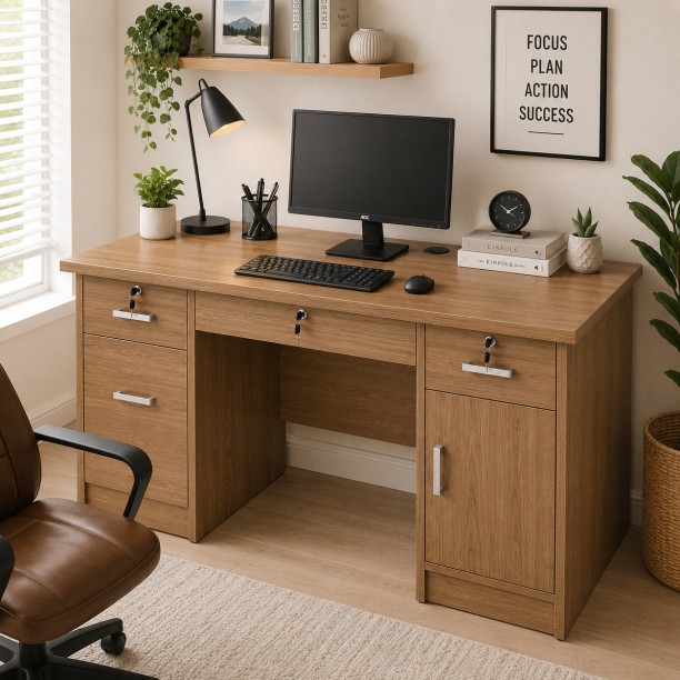 Generic 120cm Lockable Drawers, Storage Cabinet & Cable Management Hole Engineered Wood Computer Desk – Light Walnut Color - Image 2