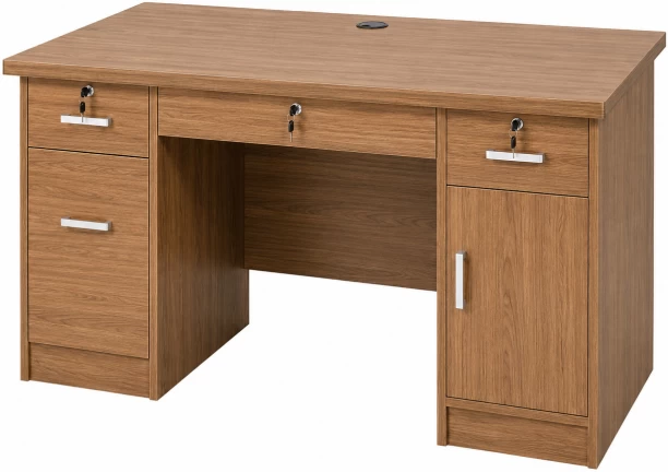 Generic 120cm Lockable Drawers & Cable Management Engineered Wood Computer Desk – Light Brown - Image 2