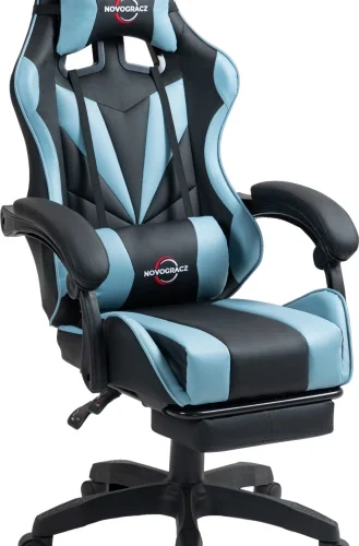 Novogracz AQUAMARINE Pro Gaming Chair - Reclining Ergonomic + Footrest Office Executive Chair – Black with Aquamarine Blue Trim