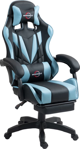 Novogracz AQUAMARINE Pro Gaming Chair - Reclining Ergonomic + Footrest Office Executive Chair – Black with Aquamarine Blue Trim