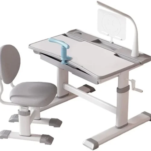 Chenshia Height Adjustable Ergonomic Kid Study Desk & Chair Book Stand & LED Light Study Arm Chair – Grey, White