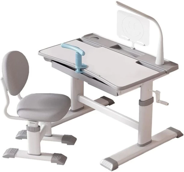 Chenshia Height Adjustable Ergonomic Kid Study Desk & Chair Book Stand & LED Light Study Arm Chair – Grey, White