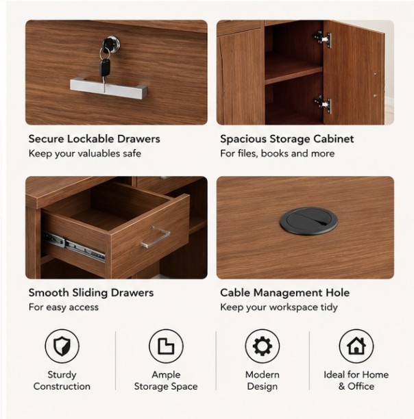 Generic N Office Desk with Lockable Drawers & Storage Cabinet Office Table – Walnut - Image 3
