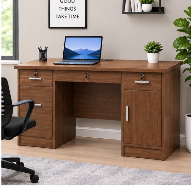 Generic N Office Desk with Lockable Drawers & Storage Cabinet Office Table – Walnut - Image 2