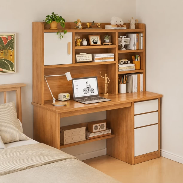 Generic Modern Computer Study Desk With Bookshelf And Drawers Study Table – Country Oak Colour - Image 2