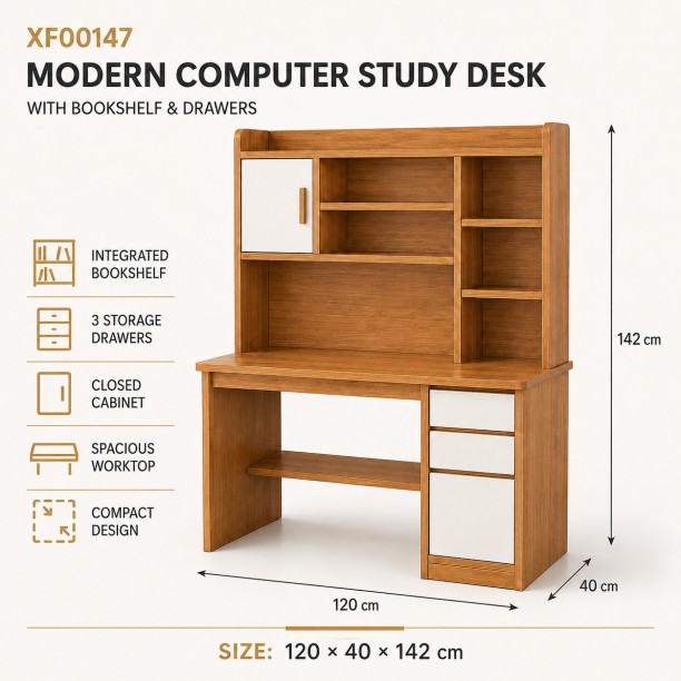 Generic Modern Computer Study Desk With Bookshelf And Drawers Study Table – Country Oak Colour - Image 3