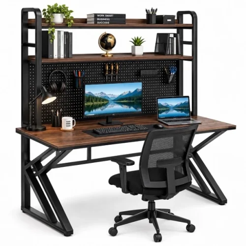 NNNM 120CM Industrial Computer Study Desk With Double Storage Shelves Multipurpose Table – Walnut