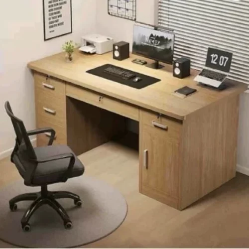 Generic N Light Walnut Office Desk with Lockable Drawers, Storage Cabinet Office Table