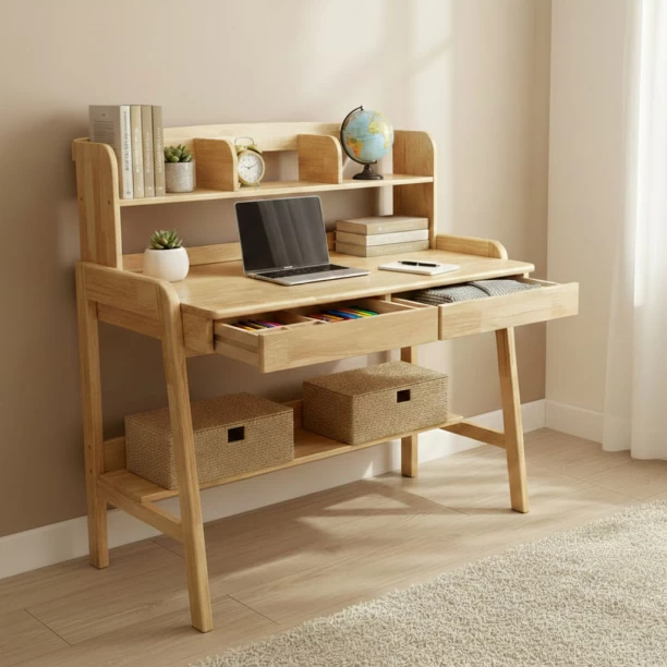 Black Rhino Computer Desk with Storage Shelves Wooden Study Table Office Workstation - Brown Office Table – Yellow - Image 2