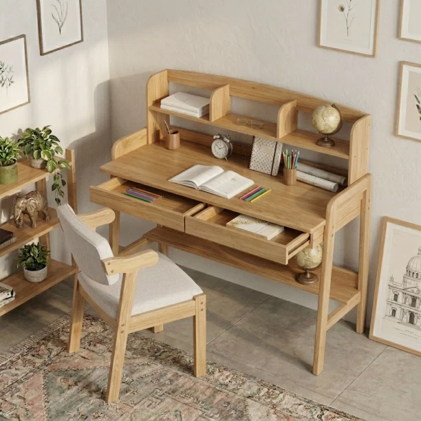 Black Rhino Computer Desk with Storage Shelves Wooden Study Table Office Workstation - Brown Office Table – Yellow - Image 3