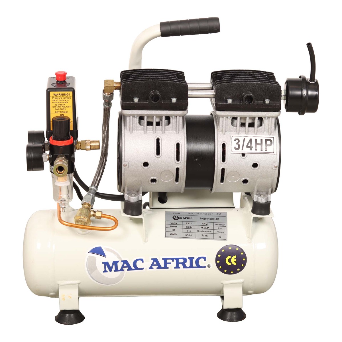 MAC AFRIC 6 Litre 0.55 KW (3/4 HP) 230 V Oil Free Air Compressor - Image 3