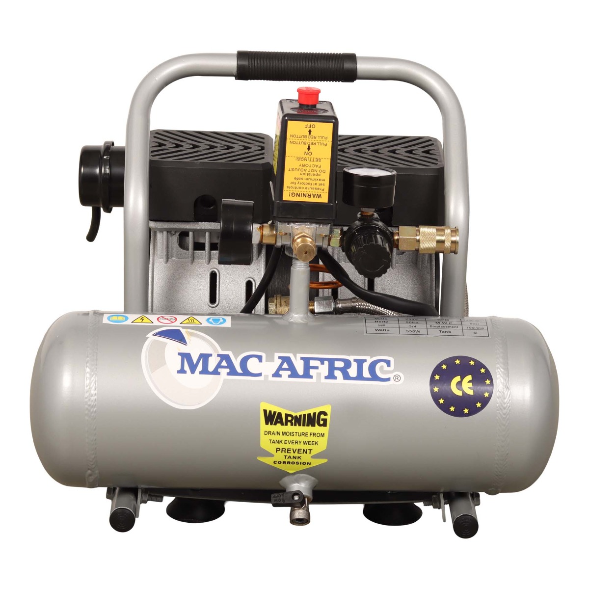 MAC AFRIC 6 Litre 0.75 KW (3/4 HP) 230 V Oil Free Air Compressor (Aluminium Tank) - Image 2