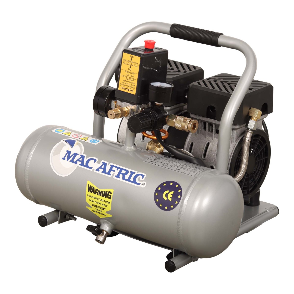 MAC AFRIC 6 Litre 0.75 KW (3/4 HP) 230 V Oil Free Air Compressor (Aluminium Tank) - Image 3