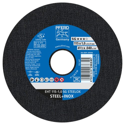 PFERD Cut-off wheel EHT 115x1.0x22.23 mm flat Performance Line SG STEELOX for steel/stainless steel