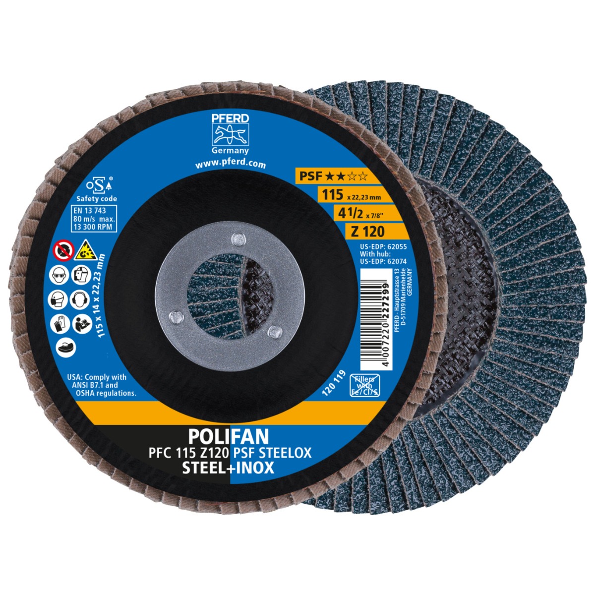 PFERD POLIFAN flap disc PFC 115x22.23 mm conical Z120 Uni. Line PSF STEELOX steel/stainless steel