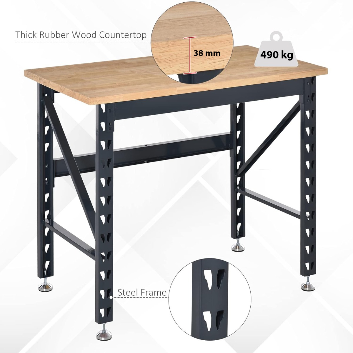 MAC AFRIC Work Table with Adjustable Footpads and Large Solid Wood Tabletop - Image 3