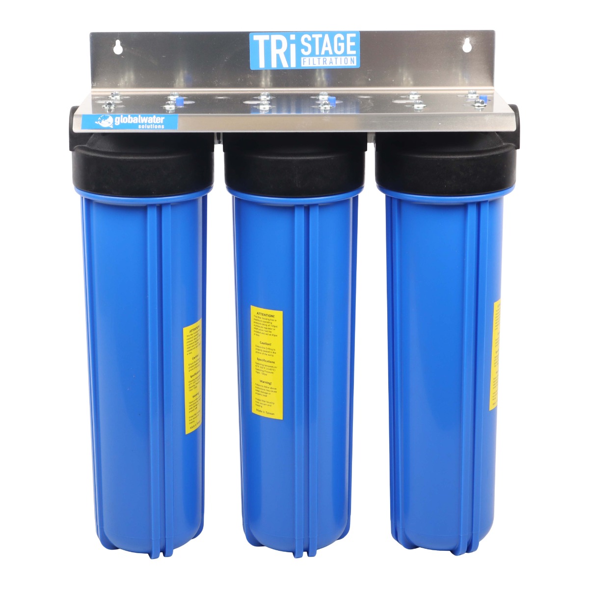 Triple 20″ Housing, Assembled with Aluminium Wall Mounting Bracket, 2 x Nipplo Connectors (Jumbo)