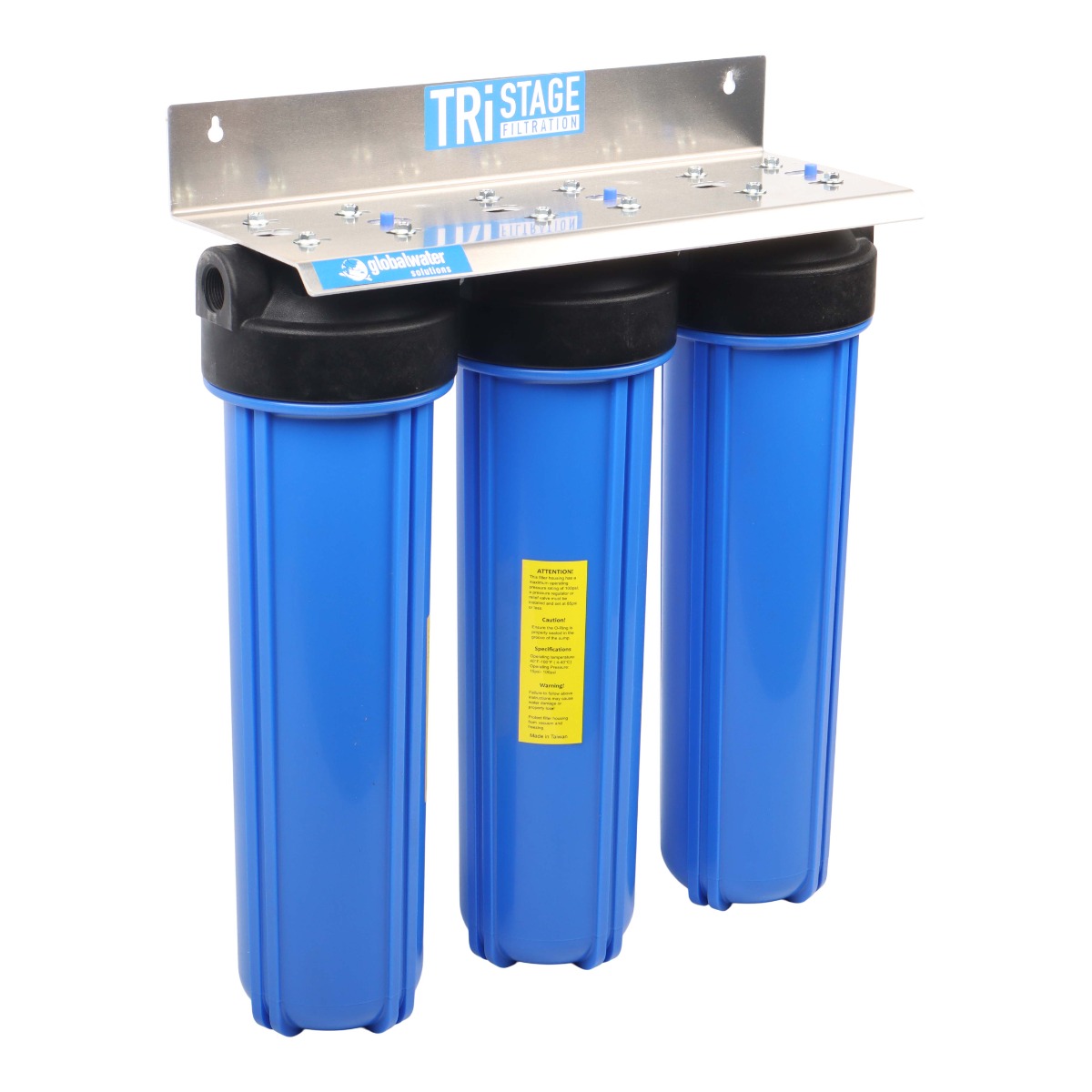 Triple 20″ Housing, Assembled with Aluminium Wall Mounting Bracket, 2 x Nipplo Connectors (Jumbo) - Image 3