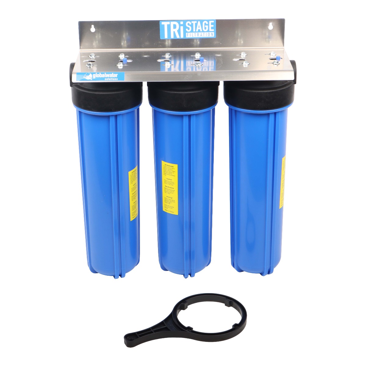 Triple 20″ Housing, Assembled with Aluminium Wall Mounting Bracket, 2 x Nipplo Connectors (Jumbo) - Image 2