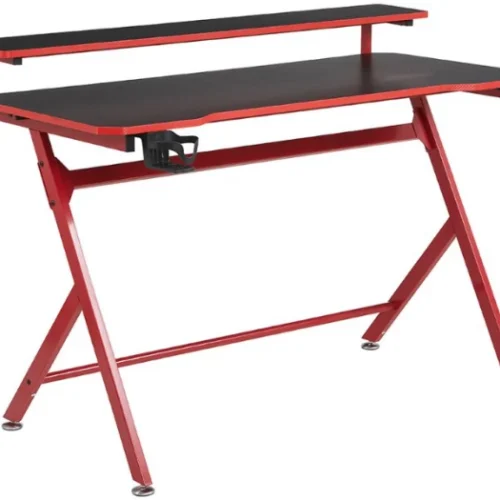 VIVIDITTO Tier Computer Gaming Office Desk Table 120x60 Headphone Cup Holder Office Table – Black/Red