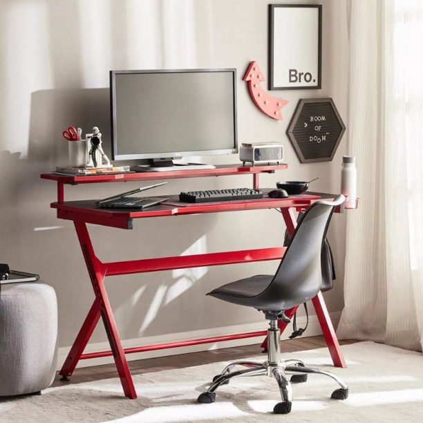 VIVIDITTO Tier Computer Gaming Office Desk Table 120x60 Headphone Cup Holder Office Table – Black/Red - Image 2