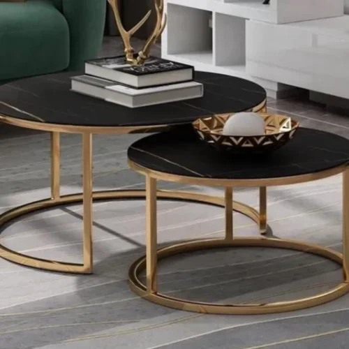 The Green Bliss Boutique NESTING ROUND COFFEE TABLE Multipurpose Table – GOLD AND BLACK