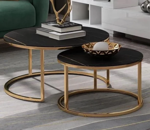 The Green Bliss Boutique NESTING ROUND COFFEE TABLE Multipurpose Table – GOLD AND BLACK