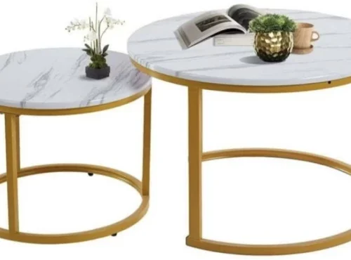 The Green Bliss Boutique NESTING ROUND COFFEE TABLE Multipurpose Table – GOLD AND WHITE