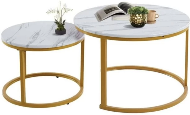 The Green Bliss Boutique NESTING ROUND COFFEE TABLE Multipurpose Table – GOLD AND WHITE