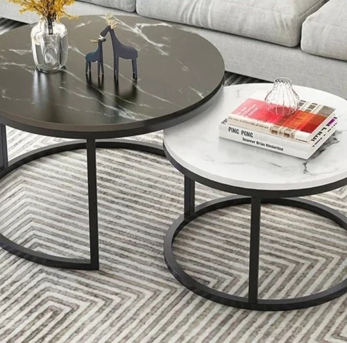 The Green Bliss Boutique NESTING ROUND COFFEE TABLE Multipurpose Table – MARBLE BLACK AND WHITE
