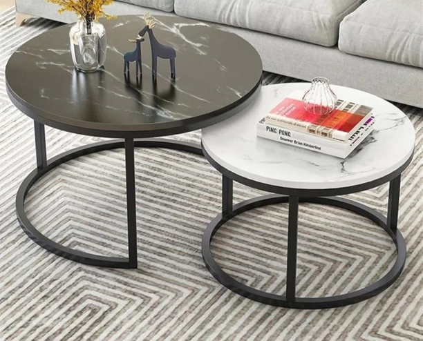 The Green Bliss Boutique NESTING ROUND COFFEE TABLE Multipurpose Table – MARBLE BLACK AND WHITE