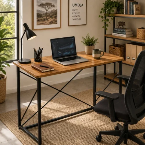 Golden Star 100 × 45 × 75cm light wood color foldable computer desk industrial style home office desk X-shaped metal steel frame adjustable foot pad space saving foldable study desk for bedrooms and dormitories Multipurpose Table – GREY WOOD
